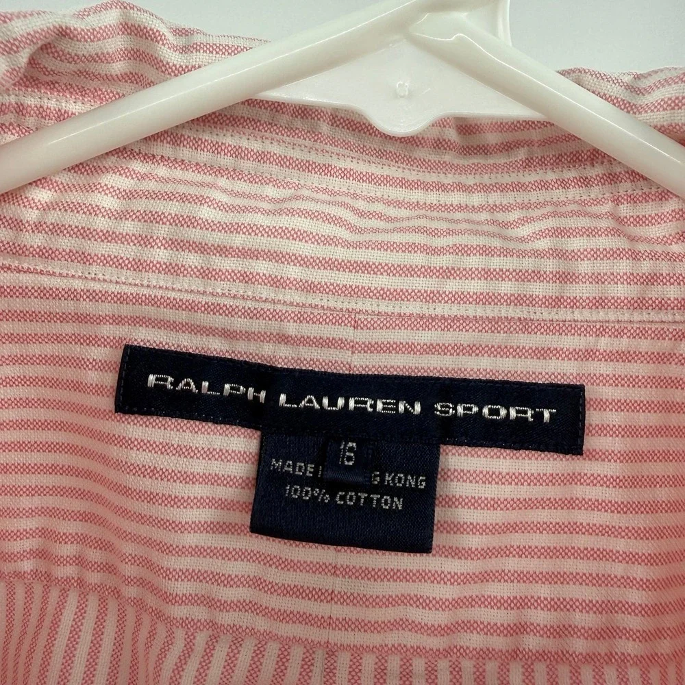 Ralph Lauren sport   Boys Size 16 Pink White Striped Oxford Button Up Shirt